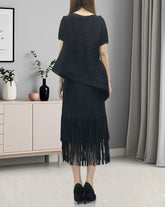 Asymmetric Pleated Fringe Skirt Set